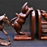 Group lot - vintage carved wooden items in, horse figure, approx 20cm H and bookends with cat and mouse figures, approx 26cm H - Sold for $37 - 2019
