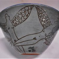 Large Modern Australian Pottery BOWL - Incised Decoration around entire body featuring a FEMALE BIRD LIKE CREATURE IN FLIGHT- Signed w Initials DB & D - Sold for $106 - 2019