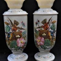Pair of Victorian handblown glass vases with hand painted 'Nesting Birds' image - approx40cm tall - Sold for $62 - 2019