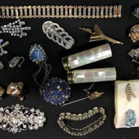 Small box lot - ladies vintage and other costume jewellery and accessories inc, rhinestone,  brooches, earrings, clip, bracelet and lipstick holders w - Sold for $62 - 2019