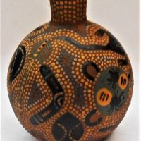 Vintage Australian Aboriginal ceramic bulbous vase with dot painting decoration attributed to Mundara Koorang - approx 13cm tall, incised to base - Sold for $37 - 2019