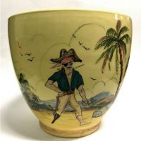Vintage Australian pottery - Guy Boyd ceramic planter with hand painted 'Pirate and Treasure' decoration - approx 18cm tall - Sold for $118 - 2019