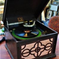 Vintage HMV windup Gramophone - wooden case with fretwork to front - Sold for $62 - 2019