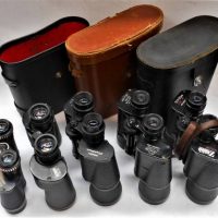 Group lot assorted vintage binoculars incl Eikow, Zenith Tempest, Hanimex Explorer, Gerber Deluxe and Binocta - some with cases - Sold for $75 - 2019