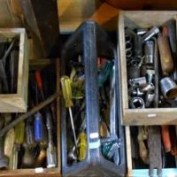 Large group lot assorted hand tools incl hand drills and bits, Sidchrome sockets, tool tidy carry cases, screw drivers, shifters, etc - Sold for $397 - 2019