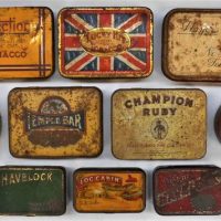 Small box lot assorted vintage tobacco tins incl Havelock, Log Cabin, Lucky Hit, etc - Sold for $50 - 2019