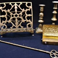 Small group lot brassware incl bookstand, candle stands, etc - Sold for $43 - 2019
