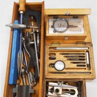 Small group lot incl cased Kinchrome dial gauge, dowelling jig, micrometer, etc - Sold for $75 - 2019