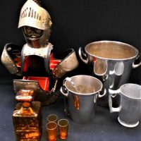 Vintage bar ware incl Knight figural decanter set, ice buckets, etc - Sold for $35 - 2019