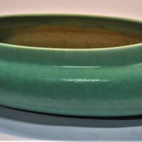 1930's Australian pottery - Melrose ware green glazed vase - approx 37cm long, maker's stamp to base - Sold for $50 - 2019