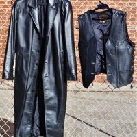 2 x gents black leather vintage clothing items incl Johenic full length trench coat and Joe Limbelt vest with embossed indian head on back - Sold for $35 - 2019