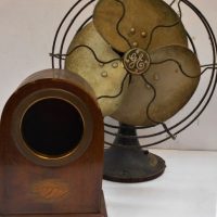 2 x vintage items incl brass GE desk fan and wooden clock cabinet with inlaid decoration - Sold for $35 - 2019
