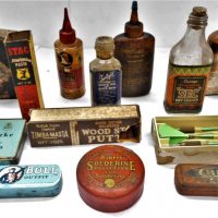 Box lot of Retro Tins & Bottles incl Chemico , John Bull Rubber , Stag Joining Paste etc - Sold for $31 - 2019
