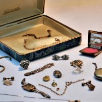 Georges Lauder box with qty vintage jewellery, ladies cocktail watches, Marcasite, gold lined heart lock bracelets, chains, small silver gplated locke - Sold for $31 - 2019