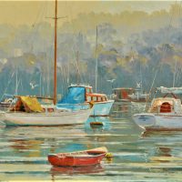Large Framed Otto KUSTER (1941 - ) Oil Painting - MIDDLE HARBOUR MORNING, SANDY BAY - Signed & Dated 77, lower left , further details verso - 59x895cm - Sold for $161 - 2019
