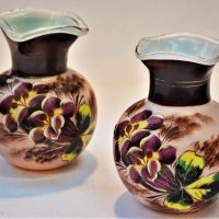 Pair - Victorian cased glass vases with Hpainted flowers on pink and squared rims, approx 16cm H - Sold for $31 - 2019