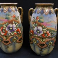Pair - Vintage c1910 Japanese Export ware vases - HPainted Flowers & Lake scenes to fronts, marked to bases - 30cm H each - Sold for $43 - 2019