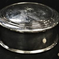 Vintage Australian STOKES EPNS large round trinket  jewellery box with monogram to lid, approx 19cm D - Sold for $35 - 2019