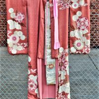 Vintage silk Japanese wedding Kimono - salmon pink ground, floral circle motifs, gold thread work, sash heavily embroidered with silver, gold embroide - Sold for $112 - 2019