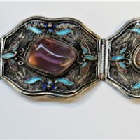 Vintage silver filigree bracelet- 5 large sections with pale blue enamel detail & rose quartz - Sold for $112 - 2019