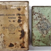 2 x vintage gunpowder tins, one with original paper label incl Nobel's Explosives and Curtis & Harvey - Sold for $31 - 2019
