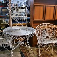 4 piece vintage French Provincial style curly metal outdoor setting incl round table, 2 seater and pair of armchairs - Sold for $373 - 2019