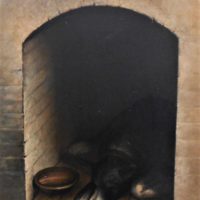 Framed European Oil Painting on canvas - Emilie Preuss (poss French), Dog with a bowl in his dog house, dated 1900 and signed lower right - approx 73c - Sold for $81 - 2019