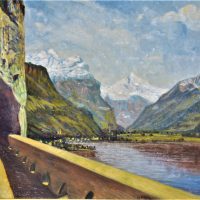 Framed GUSTAV MICHAEL PILLIG (1877-1956) oil on board - Lake scene w Snow Covered peaks - signed lower left - 615cm x 74cm - Sold for $75 - 2019