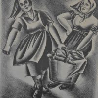 Framed Mid Century Modern Lithograph - KIBBUTZ WOMEN - Signed Temina Geazan () & Inscribed w Title, in Pencil on margin - 49x21cm - Sold for $75 - 2019
