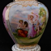 German Thuringia - Victorian china baluster vase with decorative scenic and floral panels inc, pretty maidens with cherubs and gilt decoration, approx - Sold for $37 - 2019