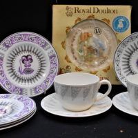 Group lot - mostly vintage pretty china inc Wedgwood Orient Line cups and saucers, Wedgwood tea plates, Royal Doulton Bunnykins Golden Jubilee plate,  - Sold for $124 - 2019