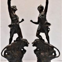 Pair of vintage French spelter figures on wooden mounts - 'La Force' and 'Le Pouvoir' - approx50cm - Sold for $37 - 2019