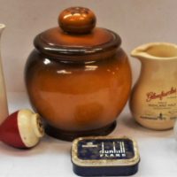 Small group lot Blokey items incl Tobacco Jar , AMPOL BORON plastic Spinning Top , Whisky & Malt Jugs etc - Sold for $56 - 2019