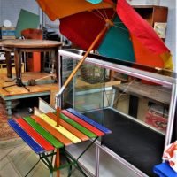 c1950's candy stripe outdoor table and colourful shade umbrella - Sold for $50 - 2019