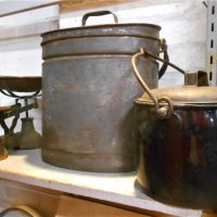 Group-lot-vintage-kitchenalia-incl-postalkitchen-scales-with-weights-heavy-metal-pot-etc-Sold-for-81-2019