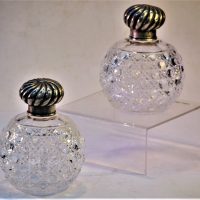 Pair-Vintage-Hobnail-cut-Crystal-Toilet-jars-w-Hallmarked-Sterling-Silver-Tops-15cm-H-Each-Sold-for-81-2019