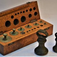 Part-set-vintage-brass-weights-in-fitted-silky-oak-box-plus-various-bell-scales-Sold-for-50-2019