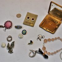 Small-group-lot-mostly-costume-jewellery-incl-marcasite-vintage-peach-and-clear-glass-necklace-silver-dolphin-carved-MOP-clip-on-earrings-Oroto-Sold-for-56-2019