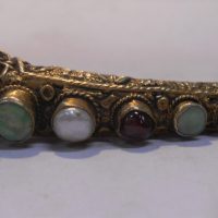 Vintage-silver-gilt-filigree-horn-shaped-Broochflower-holder-set-with-7-round-polished-gemstones-incl-Garnet-pearls-etc-Sold-for-56-2019