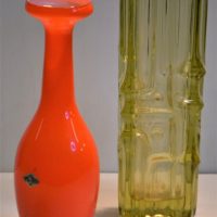 2-x-mid-century-Art-Glass-items-inc-pale-olive-heavy-rectangular-shaped-vase-with-linear-geometric-design-and-a-Japanese-bright-orange-and-white-case-Sold-for-124-2019