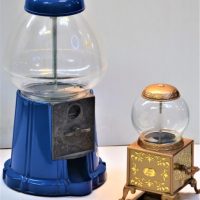 2-x-vintage-style-lolly-dispensers-inc-coin-operated-navy-blue-painted-metal-with-clear-plastic-approx-35cm-H-and-a-small-novelty-novelty-gold-Jelly-Sold-for-56-2019