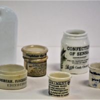 1_7-x-medical-containers-c1800-printed-ceramic-ointment-jars-Holloways-Gout-Rheumatism-Dr-Roberts-Poor-man-Friend-Boots-Cash-Chemist-Clarkes-M-Sold-for-93-2019