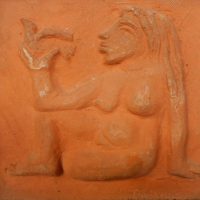 Small-framed-vintage-terracotta-plaque-Nude-female-form-holding-a-bird-signed-lower-right-but-illegible-approx-12cm-H-14cm-L-Sold-for-43-2019
