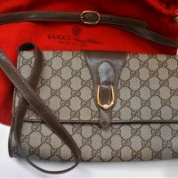 Ladies-Italian-Gucci-Accessory-Collection-shoulder-bag-long-strap-brown-and-cream-with-Gucci-Monogram-pattern-gold-tone-clasp-marked-to-interior-Sold-for-112-2019