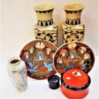 Group-lot-Oriental-items-inc-pair-of-mantel-vases-with-hpainted-floral-design-in-earthy-tones-2-x-plates-with-images-of-deities-with-gilt-detailin-Sold-for-50-2019