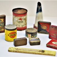 Small-lot-of-tins-Inc-assorted-cigarette-and-tobacco-tins-oil-pourer-and-thermometer-Including-Temple-bar-Craven-A-and-Goldflake-honey-dew-tobacco-Sold-for-81-2019