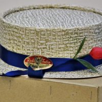 Vintage-Red-Tulip-Continental-Chocolates-cardboard-boater-hat-shaped-Easter-Egg-box-with-blue-ribbon-band-and-plastic-red-tulip-flower-Sold-for-50-2019