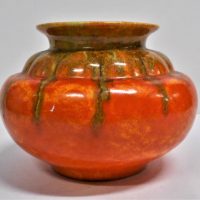 1920s-Pilkington-English-Art-Pottery-ceramic-squat-vase-with-flared-rim-orange-ground-tan-and-green-drip-glaze-signed-to-base-approx-12cm-tall-Sold-for-50-2019