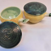2-x-AMB-Australian-Pottery-lidded-ramekins-with-applied-handles-yellow-glazed-bowl-s-with-green-glazed-lids-incised-signature-to-bases-approx-8cm-Sold-for-62-2019