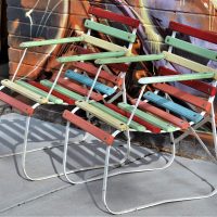 2-x-Retro-wooden-and-wrought-iron-slat-chairs-with-red-yellow-and-green-paint-work-Sold-for-137-2019